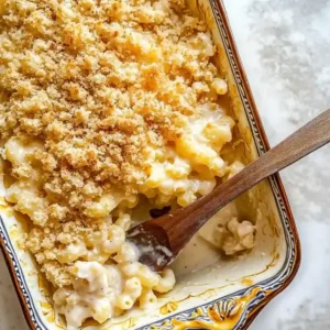 Baked macaroni and cheese with toasted breadcrumbs in ceramic dish.