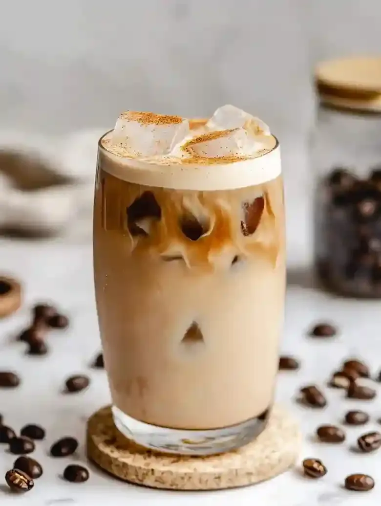 Iced espresso layered with oat milk, topped with cinnamon on marble surface.