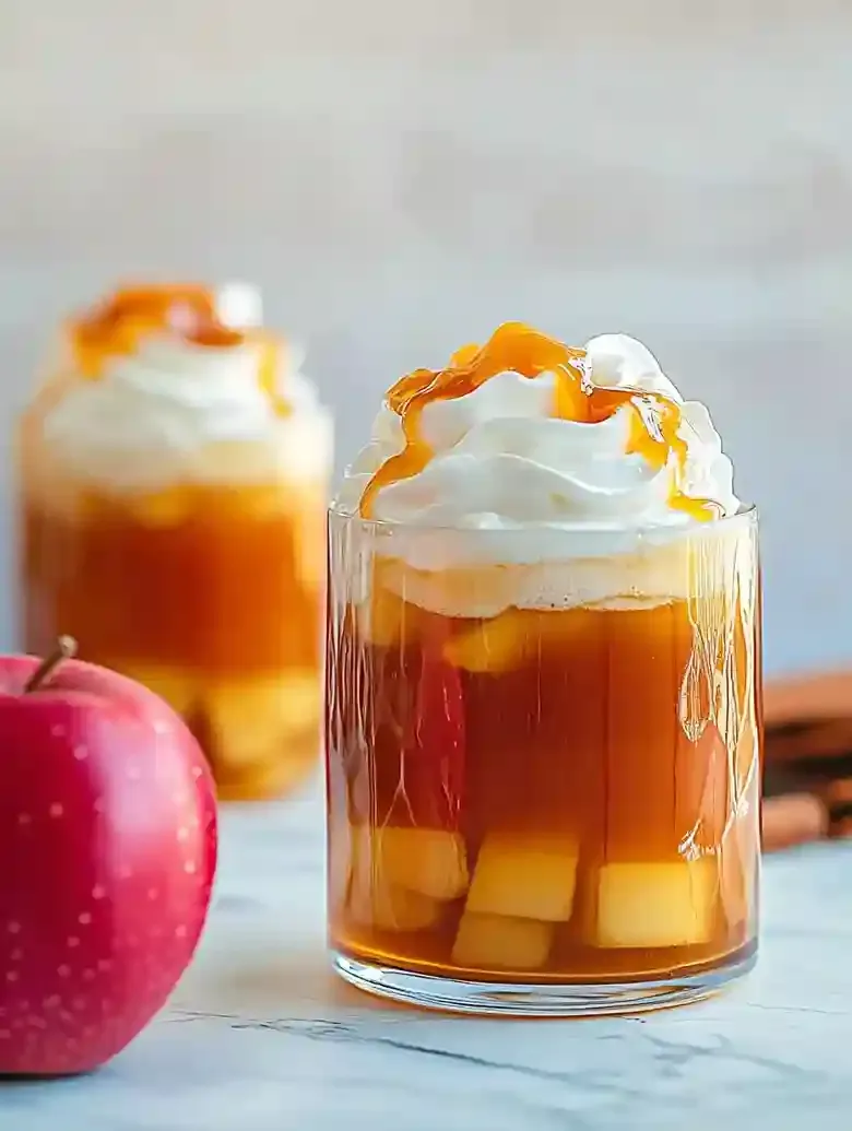 Amber apple juice topped with whipped cream and caramel, on marble surface.