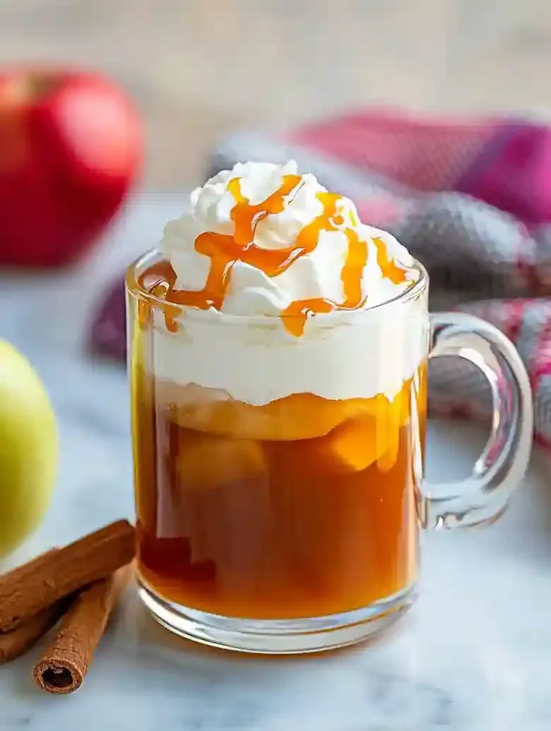 Glass mug of warm apple juice with whipped cream and caramel, cinnamon sticks.