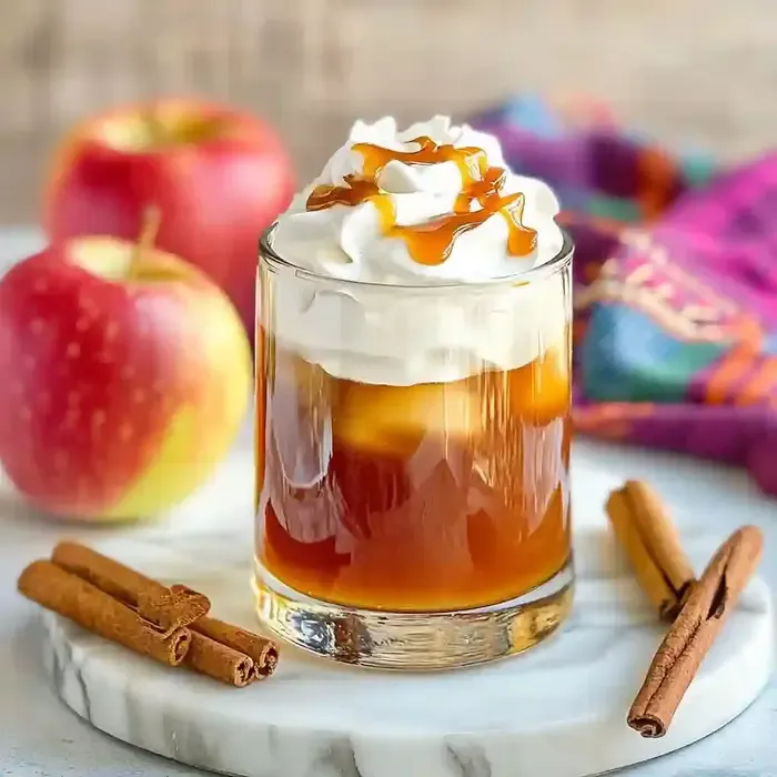 Glass of warm apple juice topped with whipped cream and caramel, on marble.