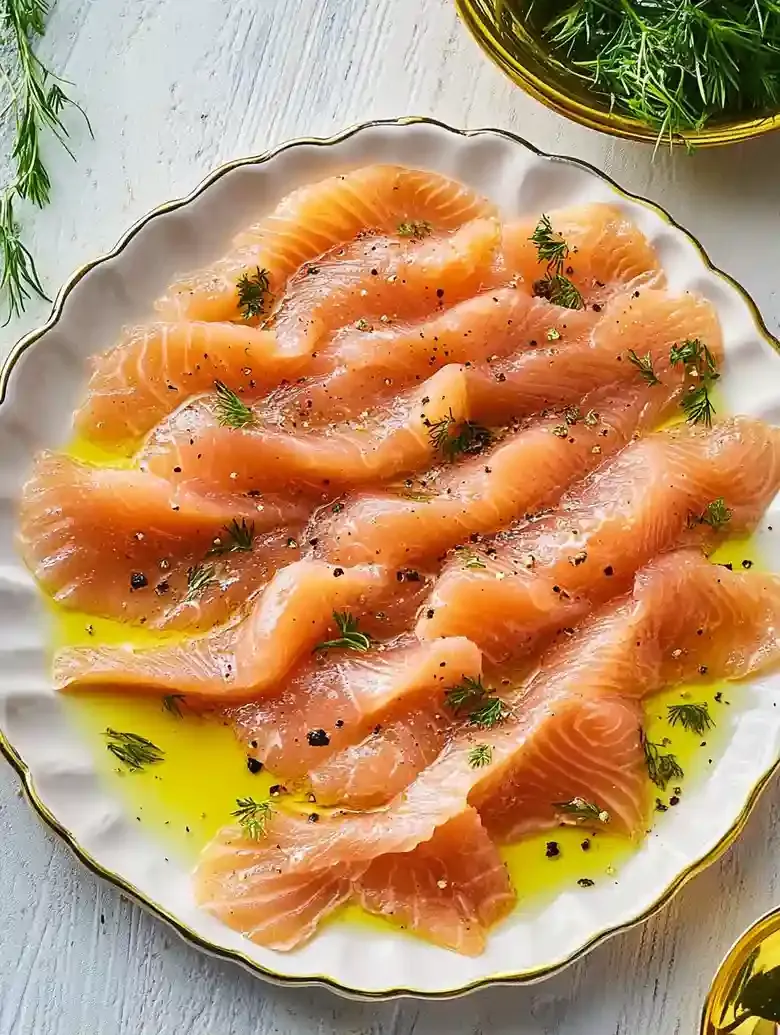 Smoked salmon carpaccio with herbs, olive oil, and greens on a plate.