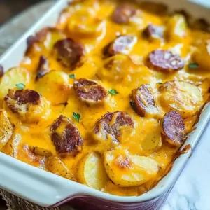 Baking dish of Cheesy Ranch Potatoes topped with cheddar and sausage.