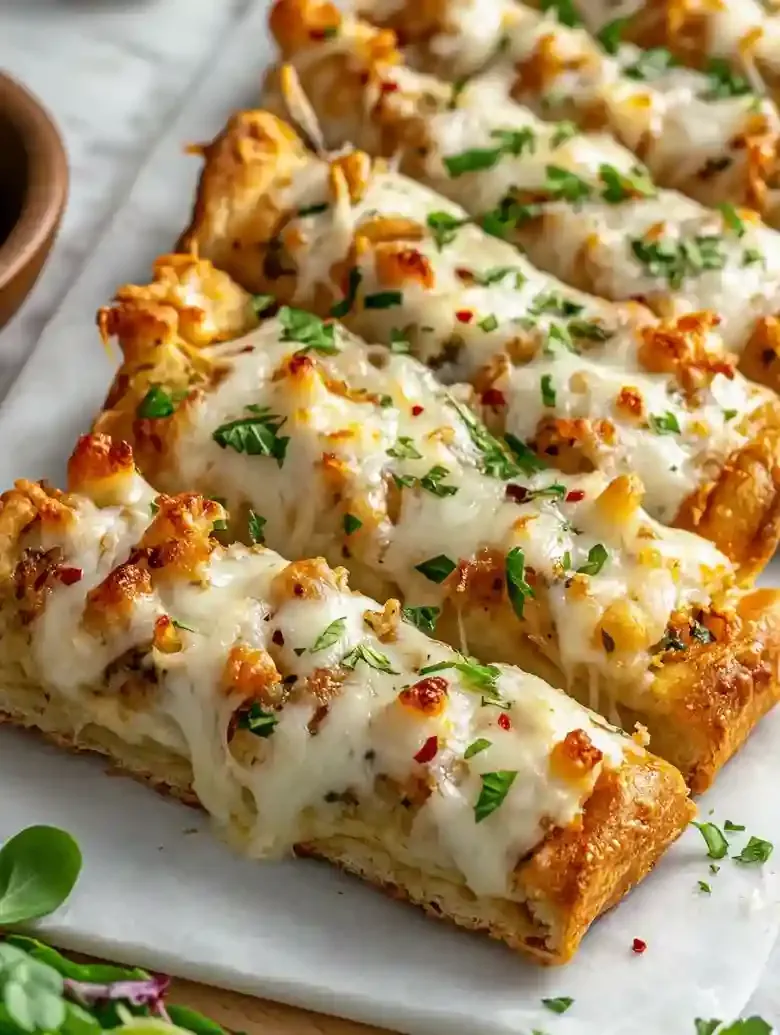 Crispy breadsticks topped with melted cheese and herbs on marble surface.