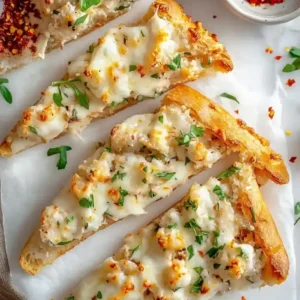 Four triangular slices of cheesy bread with golden crust on marble surface.