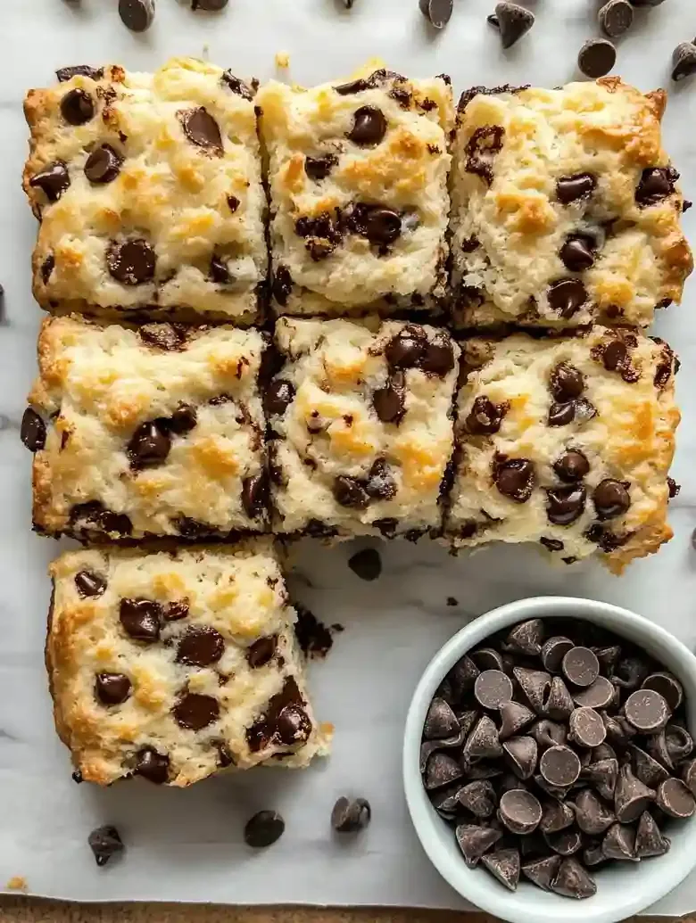 Tray of chocolate chip biscuits in a 3x3 grid on marble surface.