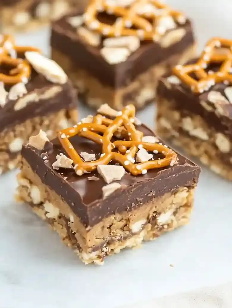 Close-up of layered peanut butter and chocolate dessert squares with pretzels.