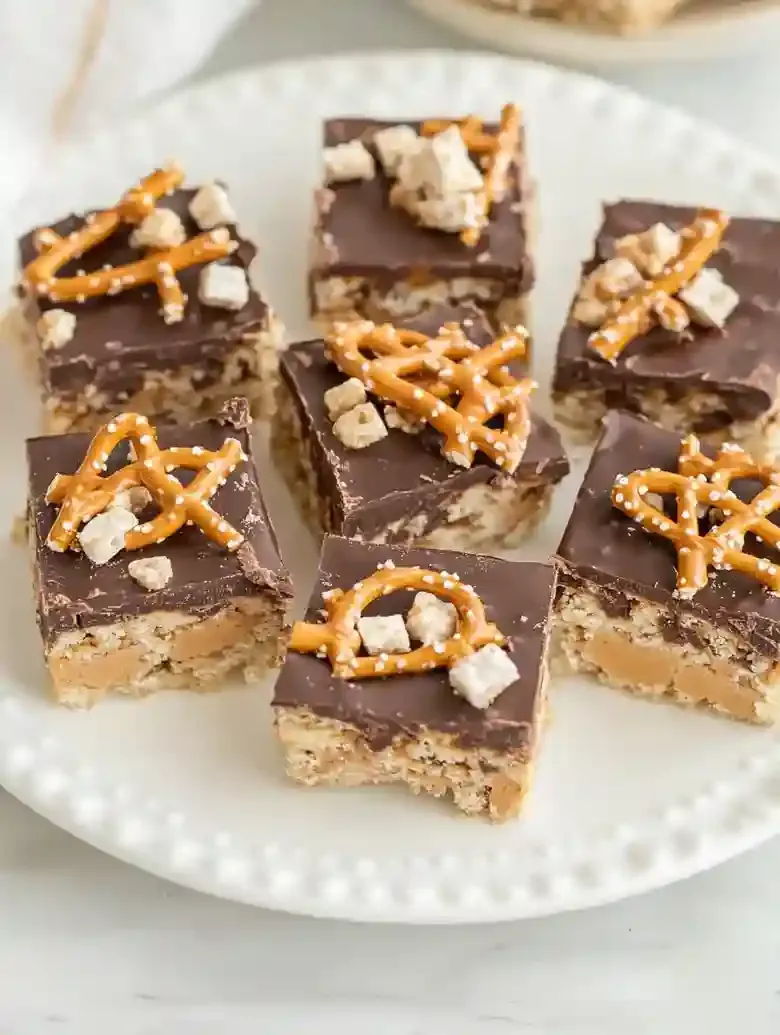Peanut butter and chocolate squares topped with crunchy pretzel pieces.
