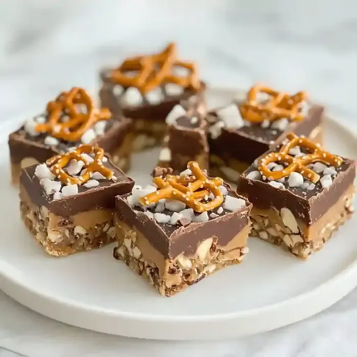Layered chocolate peanut butter bars with pretzel pieces on marble surface.