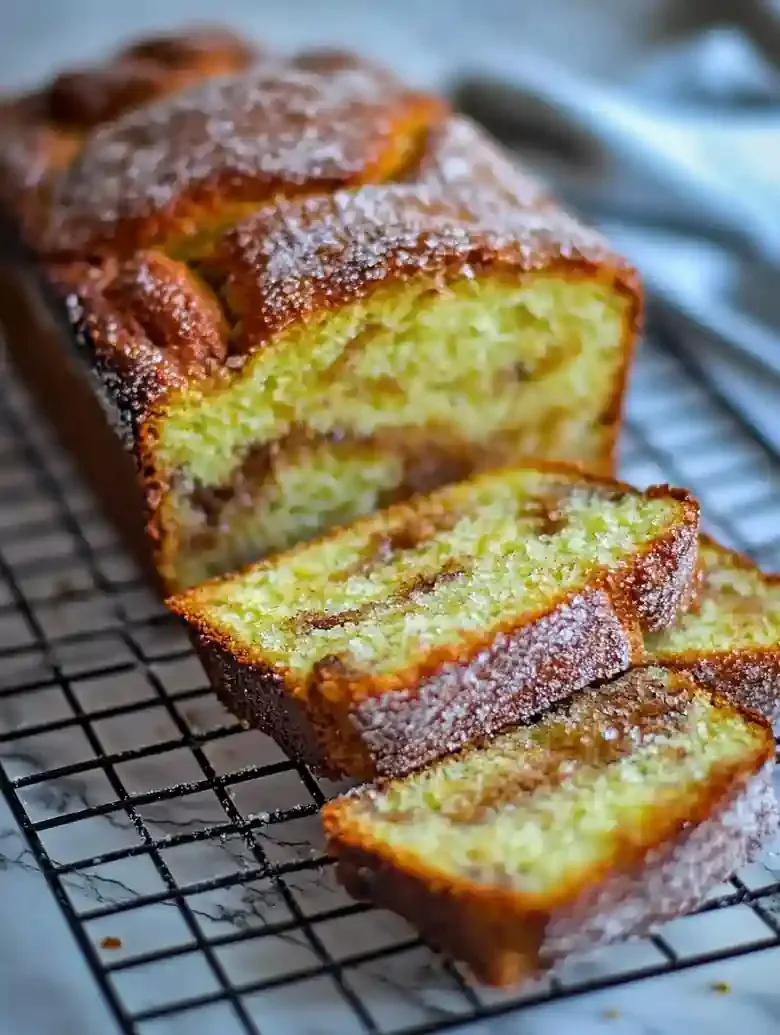 Cinnamon sugar donut bread on a rack, sliced to reveal marbled center.