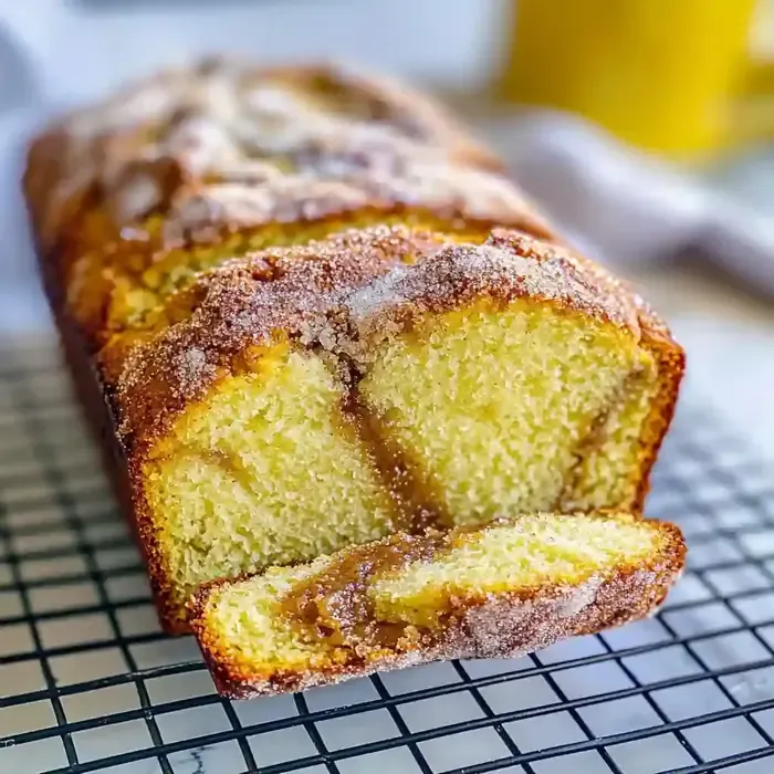Cinnamon sugar donut bread loaf sliced on cooling rack, rustic setting.