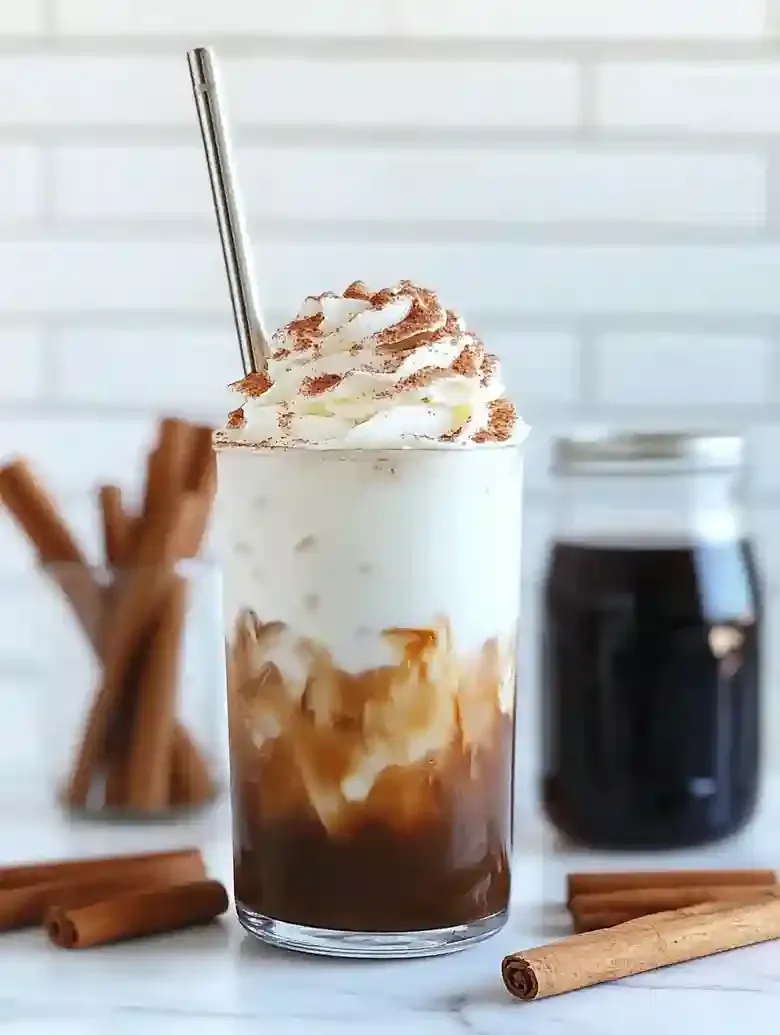 Iced cinnamon latte in a glass topped with whipped cream and cinnamon.