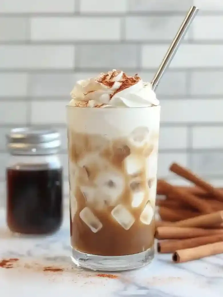 Iced cinnamon latte in a glass, topped with whipped cream and cinnamon.