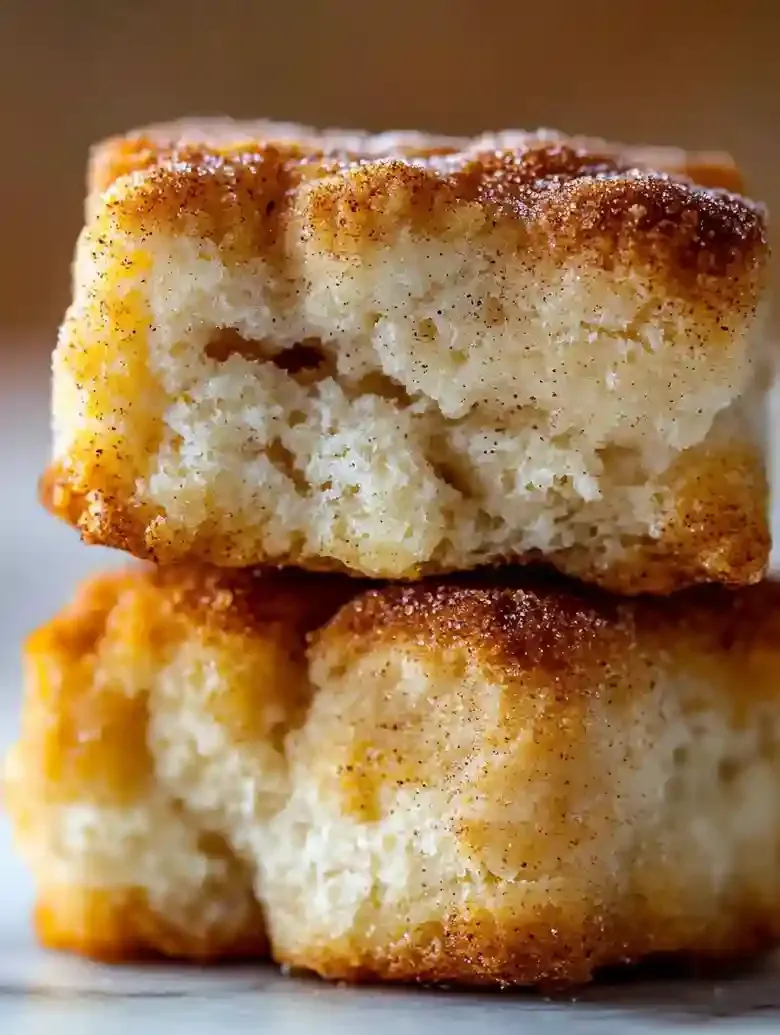 Stack of two golden-brown biscuits with cinnamon sugar on top.