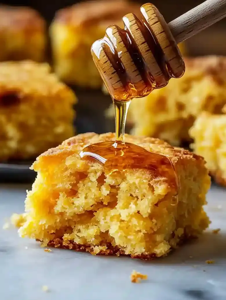 Cornbread biscuits with honey drizzle on a marble surface, warm ambiance.