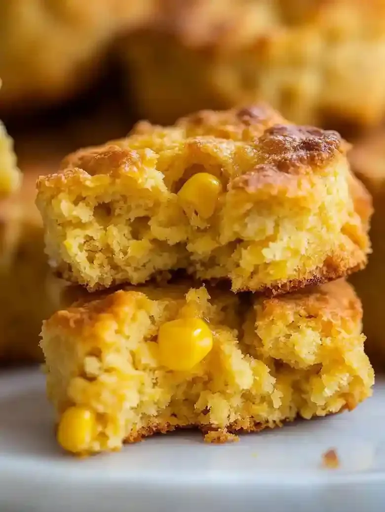 Golden-brown Cornbread Butter Swim Biscuits on white marble surface.