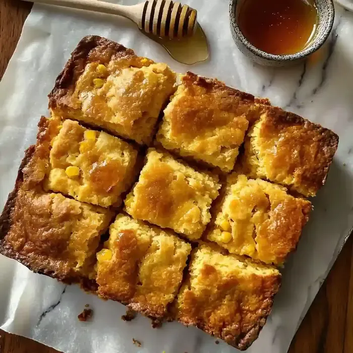 Golden brown cornbread biscuits cut into squares beside a bowl of honey.