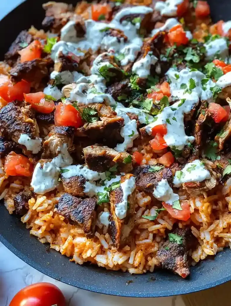 Skillet of colorful chicken and queso-topped rice with fresh tomatoes.