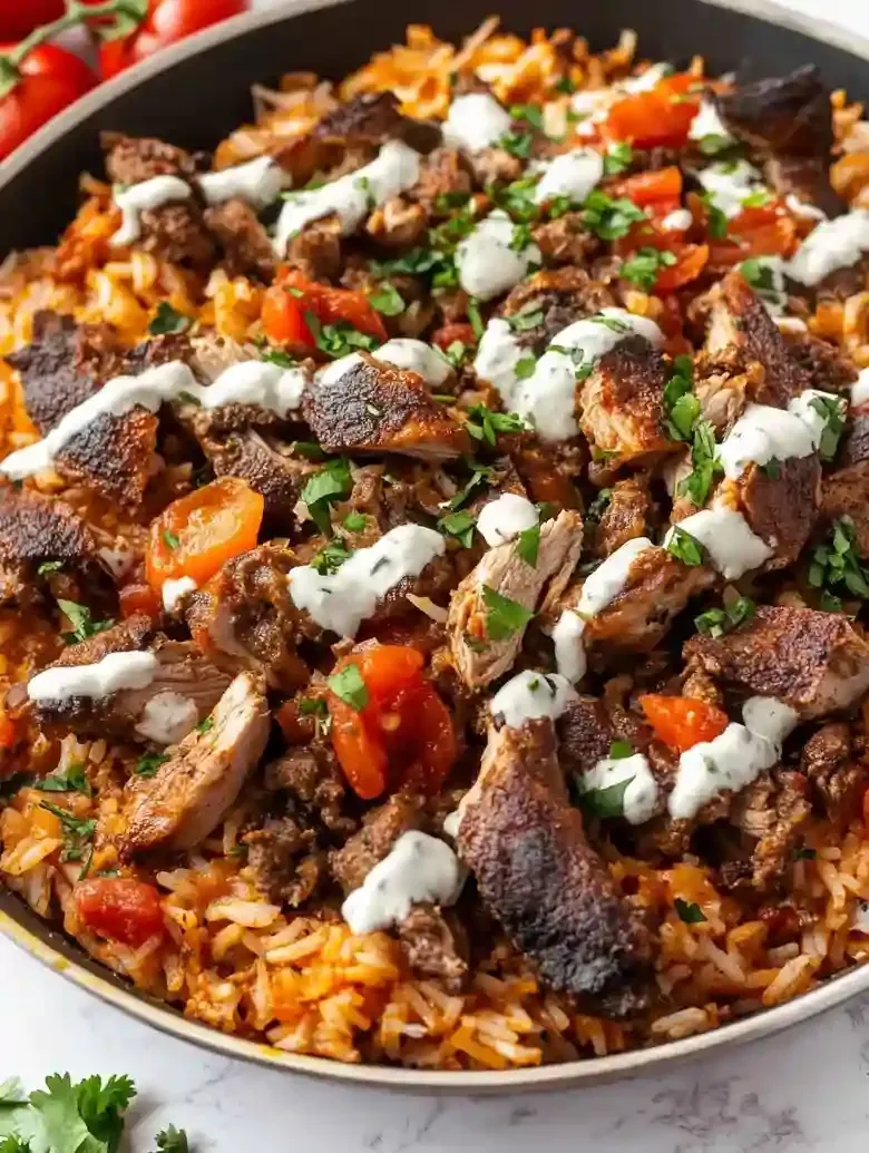 Skillet with queso rice, chicken slices, and fresh tomatoes on marble surface.