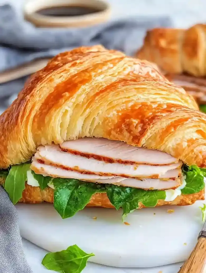 Turkey croissant sandwich with Havarti cheese and romaine on marble surface.