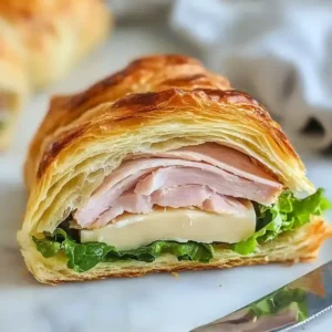 Mini butter croissant sandwich with smoked turkey, Havarti, and lettuce.