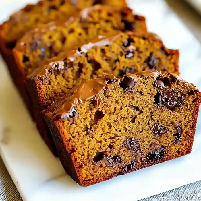 Sliced dark chocolate pumpkin bread on white marble surface.