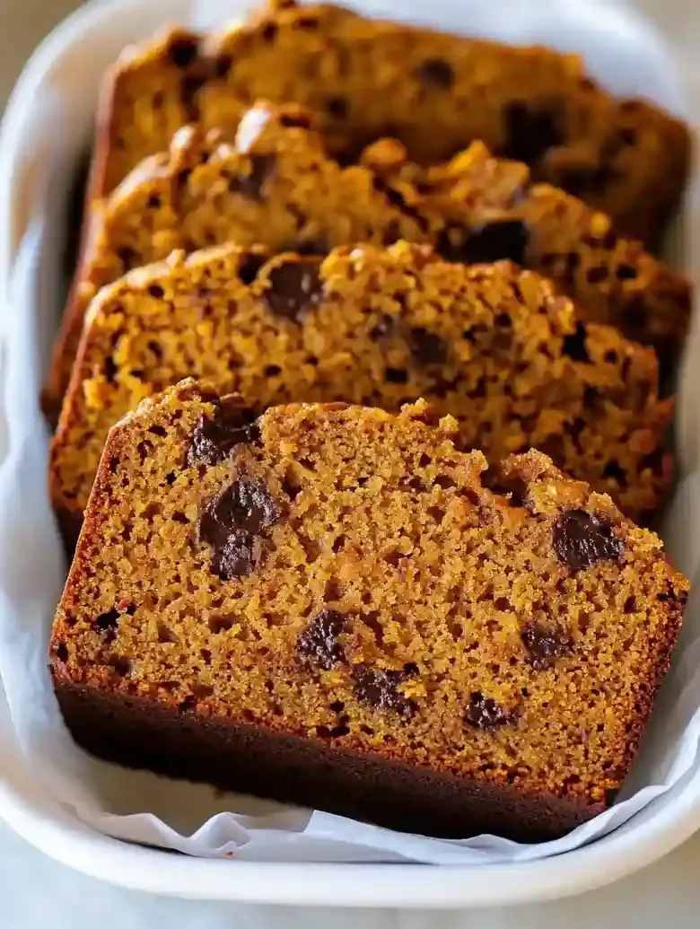 Sliced dark chocolate pumpkin bread with chocolate chips on marble surface.
