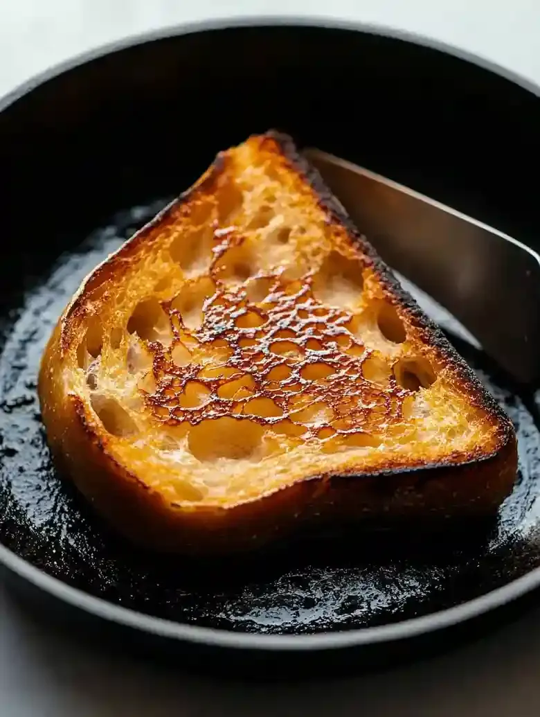 Grilled sourdough slice in a skillet, golden crust, spatula nearby.