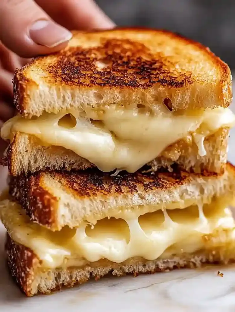 Grilled cheese sandwich held by a hand on a white marble surface.