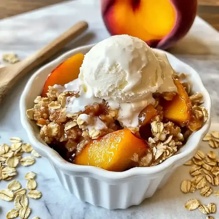 Ceramic bowl with baked fruit and vanilla ice cream on marble surface.