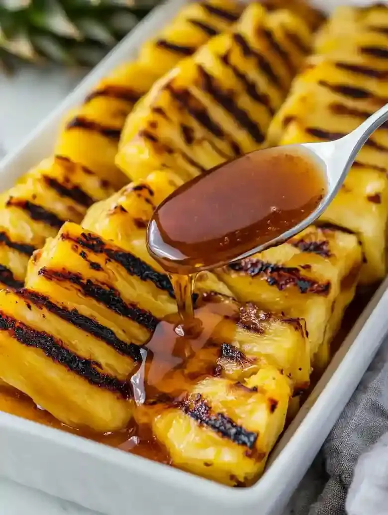 Grilled pineapple spears on a white dish, drizzled with cinnamon honey.