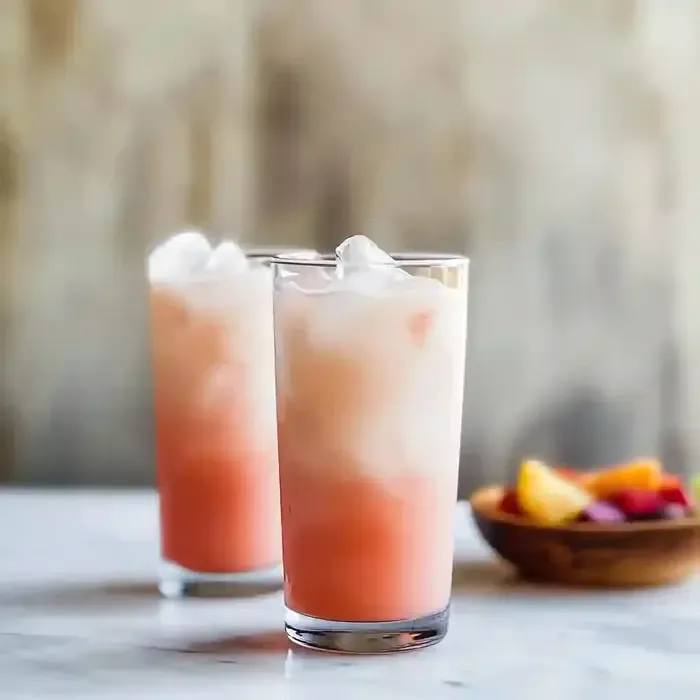 Two tall glasses of a mixed drink with ice on a marble surface.