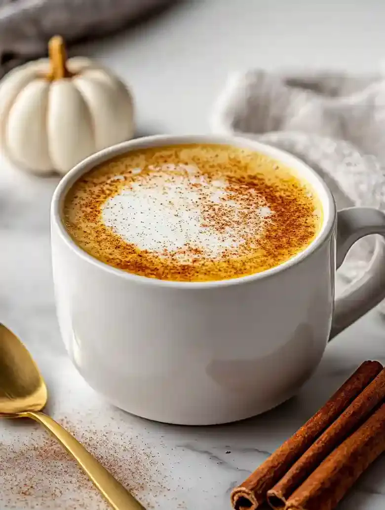 White mug of pumpkin spice creamer topped with frothy milk and cinnamon.