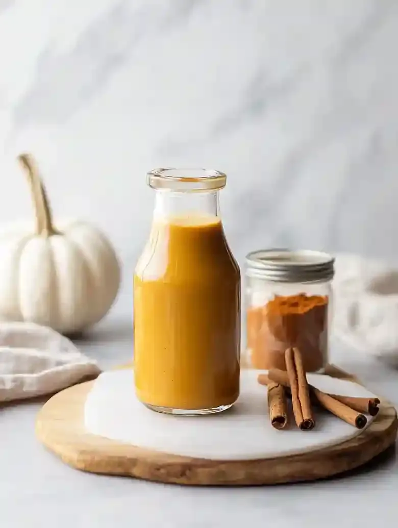 Glass bottle of pumpkin spice creamer with cinnamon sticks and pumpkin.