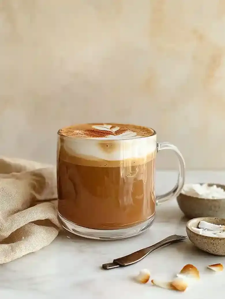 Glass mug of layered coffee with frothy top and cinnamon on marble surface.