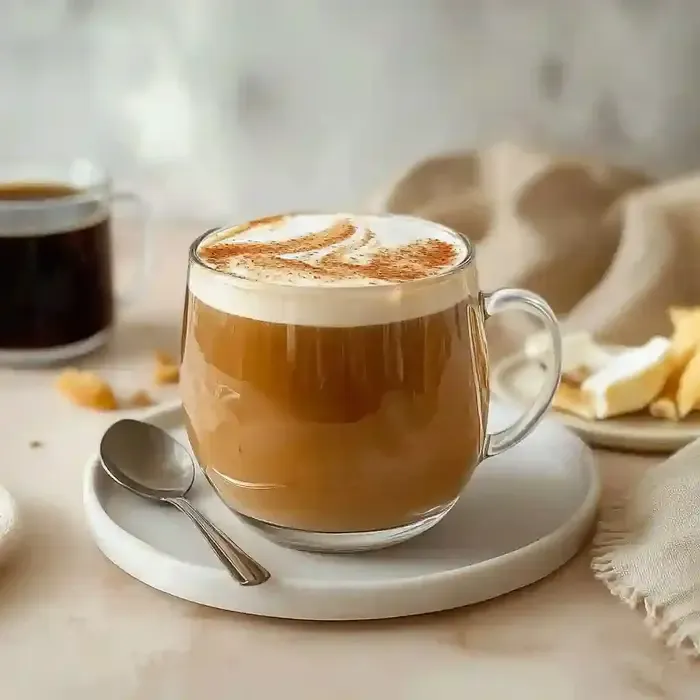 Latte in a glass mug with cinnamon on a marble surface, spoon beside it.