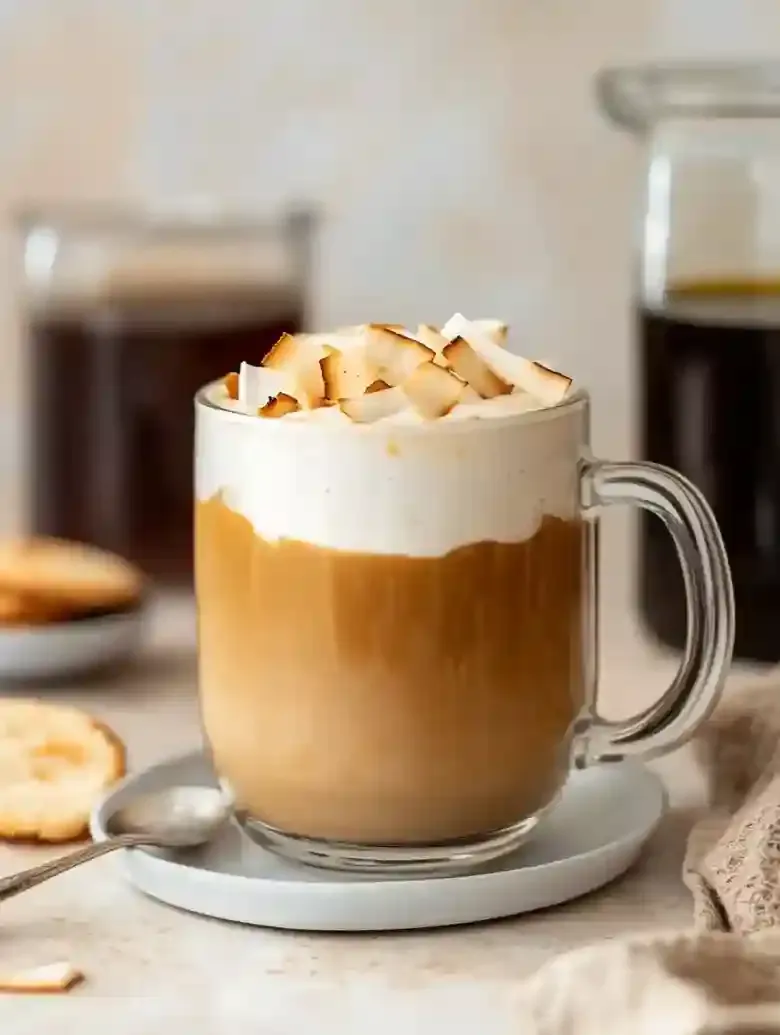 Latte in a glass mug topped with froth and coconut flakes on marble surface.