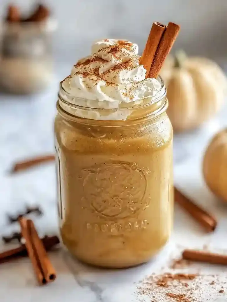 Mason jar with iced pumpkin spice latte, whipped cream, and cinnamon.