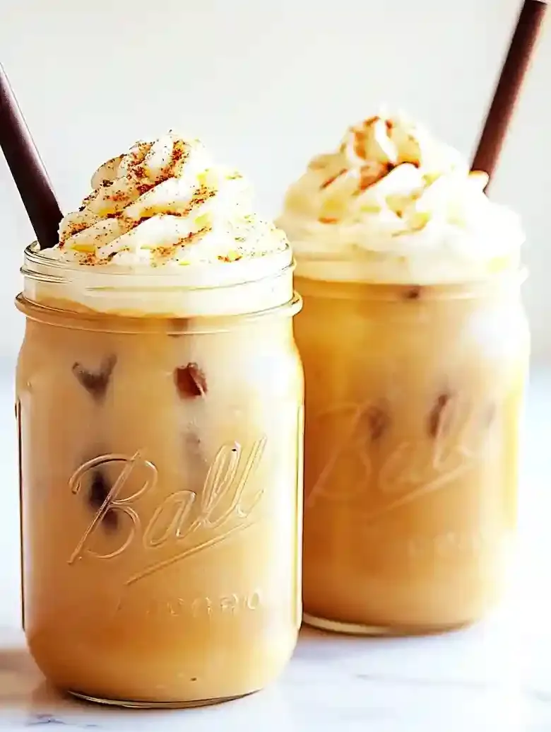 Two mason jars of iced latte topped with whipped cream and spice.