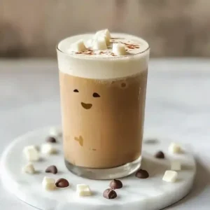 Iced mocha in glass with foam face pattern on a marble surface.