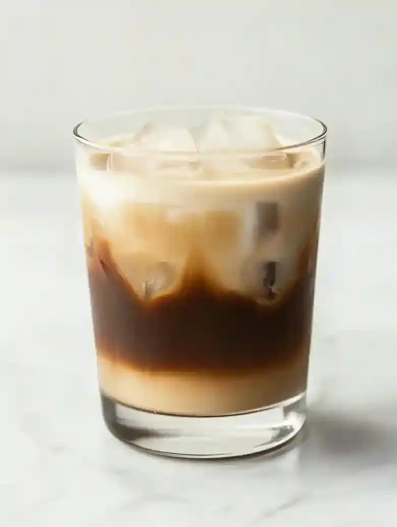 Layered iced white chocolate mocha in a clear glass on marble surface.