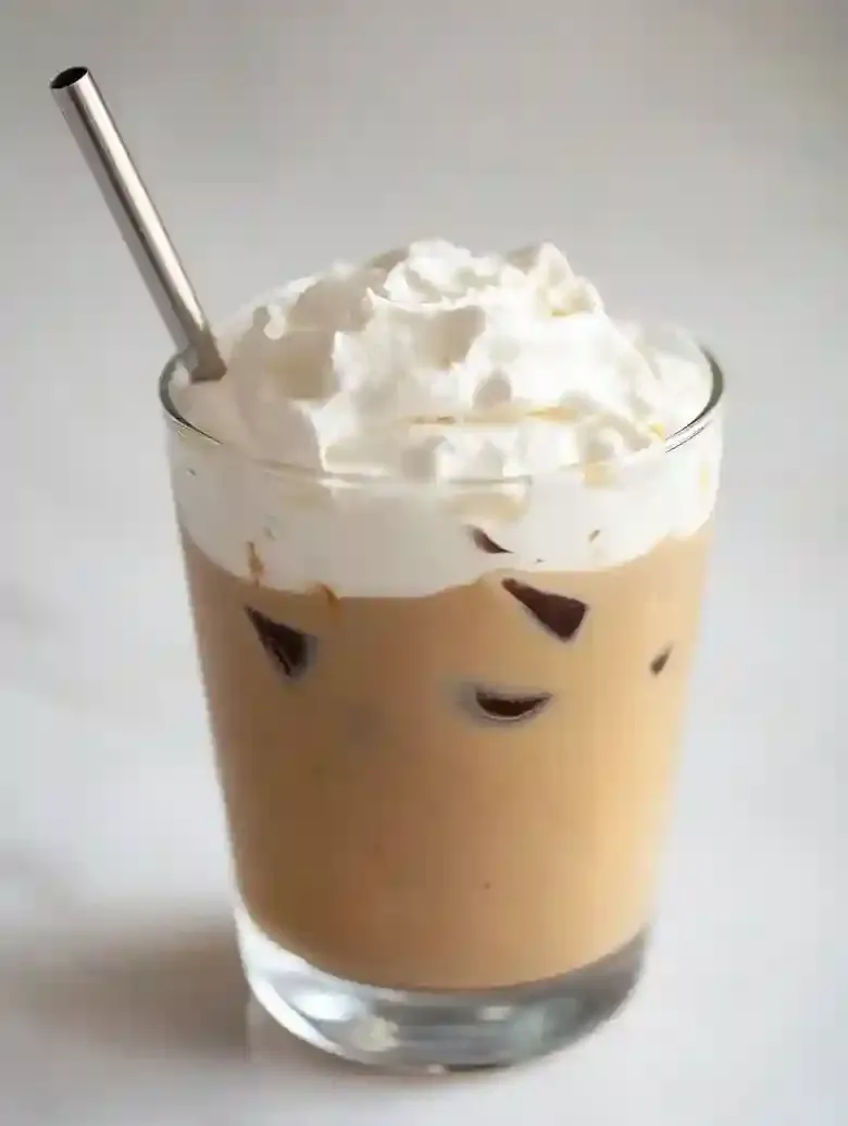Iced white chocolate mocha topped with whipped cream and a stainless steel straw.
