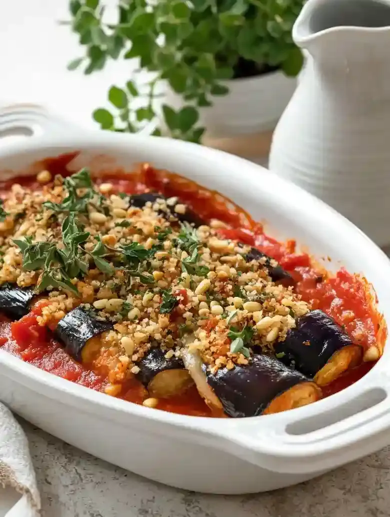 Casserole dish of eggplant rollups with tomato sauce and garnishes.
