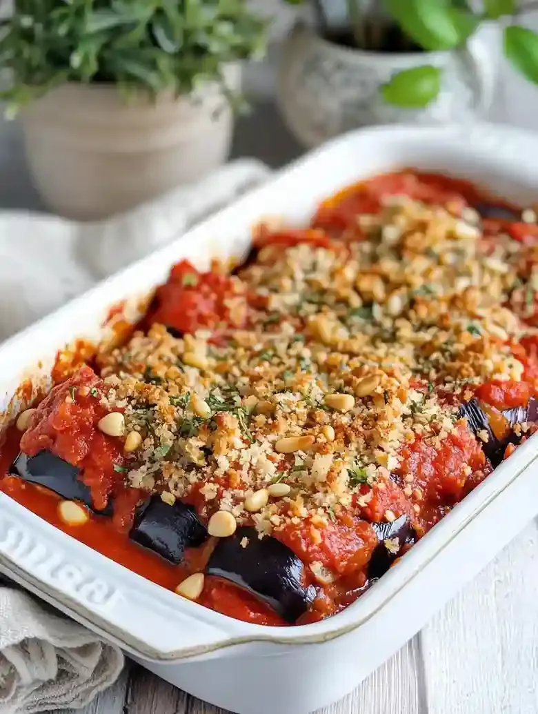 Casserole dish of baked eggplant rollups in tomato sauce on marble table.