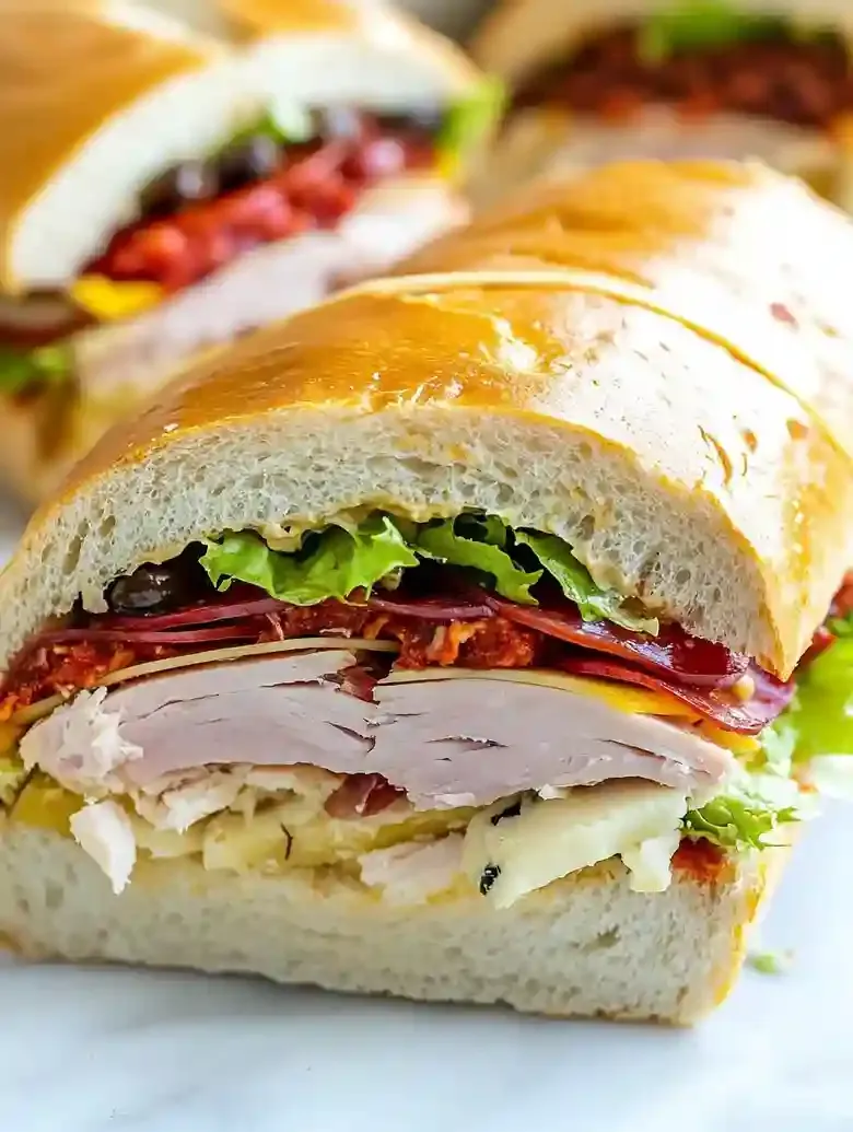 Italian sub sandwich with salami, turkey, Provolone, and fresh veggies.