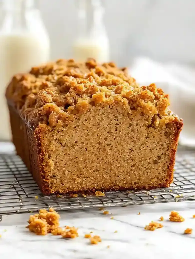 Sliced pumpkin bread with streusel topping on a cooling rack.