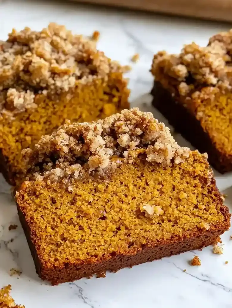 Slices of pumpkin bread with streusel topping on a marble surface.