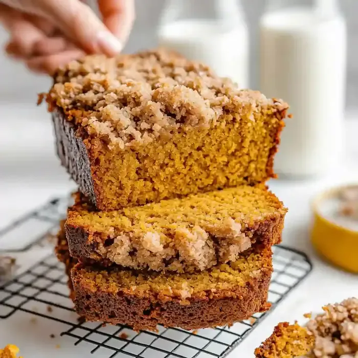 Hand reaching for a slice of pumpkin bread on a wire rack.