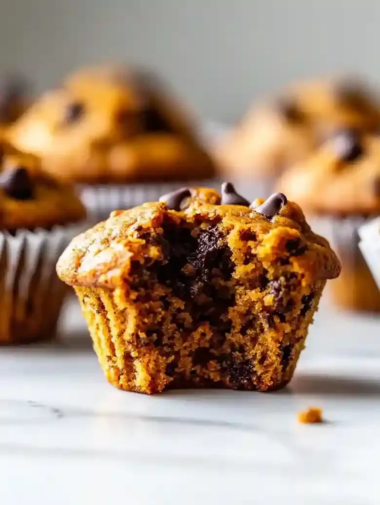 Mini chocolate chip pumpkin muffin with a bite, on marble surface.