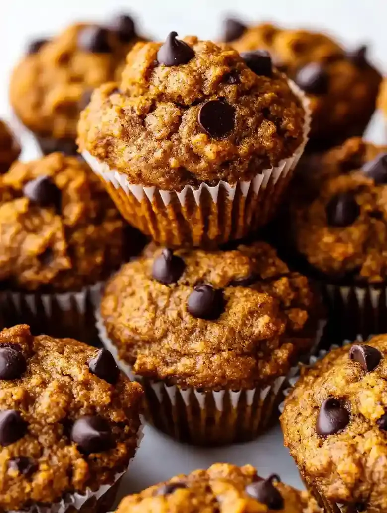 Stacked mini chocolate chip pumpkin muffins on a white marble surface.